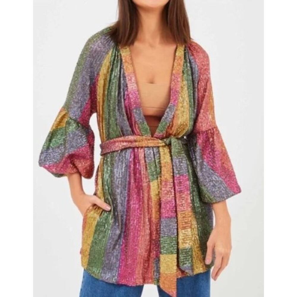 Farm Rio Rainbow Sequin Kimono Jacket Colorful Festival Party Wear Size Small